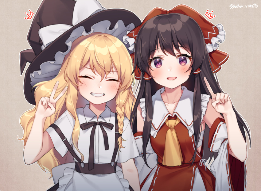 2girls ^_^ apron ascot bangs bare_shoulders black_hair black_hat black_neckwear black_ribbon black_skirt blonde_hair blush bow braid brown_eyes closed_eyes closed_eyes collarbone commentary_request cowboy_shot detached_sleeves eyebrows_visible_through_hair facing_viewer frilled_apron frilled_bow frilled_shirt_collar frills grey_background grin hair_between_eyes hair_bow hair_tubes hajin hakurei_reimu hand_up hat hat_bow index_finger_raised kirisame_marisa long_hair long_sleeves looking_at_viewer multiple_girls neck_ribbon open_mouth outline red_bow red_skirt ribbon ribbon-trimmed_sleeves ribbon_trim sarashi shirt short_sleeves sidelocks simple_background single_braid skirt skirt_set smile standing suspenders suspenders_slip touhou v very_long_hair waist_apron white_apron white_bow white_outline white_shirt wide_sleeves witch_hat yellow_neckwear