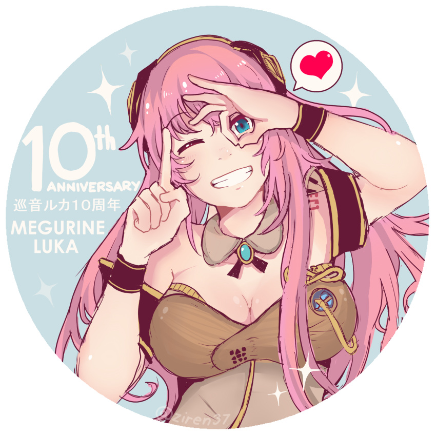 1girl anniversary artist_name blue_eyes breasts character_name cleavage collarbone eyebrows_visible_through_hair grin heart highres index_finger_raised large_breasts long_hair looking_at_viewer megurine_luka one_eye_closed pink_hair smile solo spoken_heart teeth twitter_username upper_body vocaloid ziren