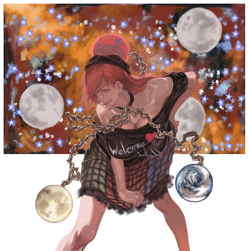 1girl bent_over black_choker black_shirt blue_skirt breasts chains choker cleavage clothes_writing commentary_request earth_(ornament) green_skirt grin hand_on_hip hanging_breasts hat hecatia_lapislazuli highres knees large_breasts long_hair looking_at_viewer medium_skirt moon moon_(ornament) multicolored multicolored_clothes multicolored_skirt off-shoulder_shirt off_shoulder orb parted_lips planet polos_crown red_eyes red_skirt redhead shirt skirt skirt_tug smile solo standing star starry_background syakatico touhou