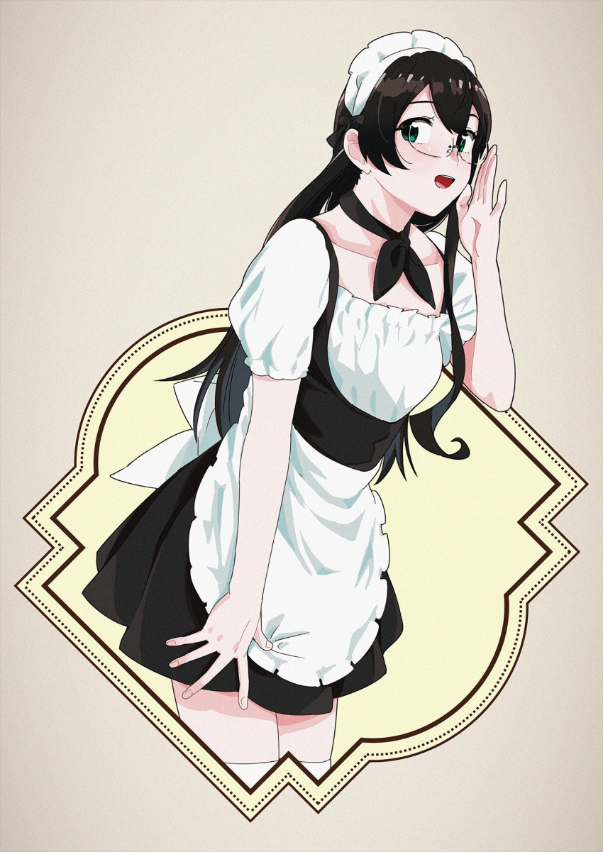 1girl alternate_costume apron bangs black_dress black_hair blue_eyes blush breasts collarbone commentary_request dress enmaided eyebrows_visible_through_hair frills glasses green_eyes hair_between_eyes hairband highres kantai_collection long_hair looking_at_viewer maid maid_apron maid_headdress neckerchief ojipon ooyodo_(kantai_collection) open_mouth puffy_short_sleeves puffy_sleeves ribbon semi-rimless_eyewear short_sleeves simple_background small_breasts smile solo thigh-highs under-rim_eyewear waist_apron white_legwear
