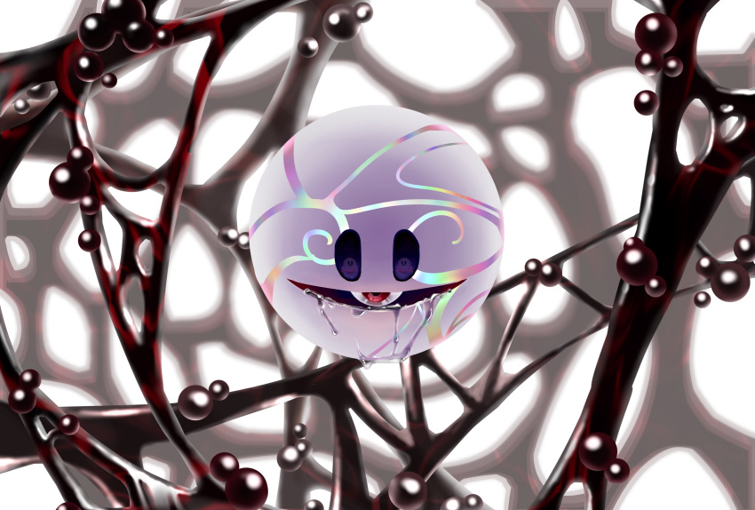 absurdres blurry blurry_background bubble commentary_request crying empty_eyes floating glaring highres kirby:_star_allies kirby_(series) light nintendo no_humans rainbow_gradient red_eyes reflective_eyes spoilers tears third_eye void_soul wakame_(pixiv) white_background white_skin