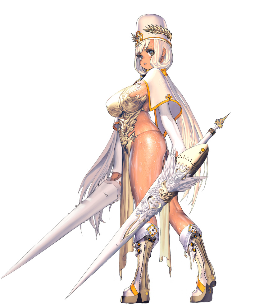 1girl boots breasts capelet curvy dark_skin destiny_child dual_wielding from_side full_body graphite_(medium) hat high_heel_boots high_heels highres holding holding_weapon kim_hyung_tae lance large_breasts long_hair looking_at_viewer looking_to_the_side low_twintails ma'at_(destiny_child) mitre official_art parted_lips pelvic_curtain plump polearm revealing_clothes silver_hair solo standing sweat traditional_media twintails very_long_hair weapon