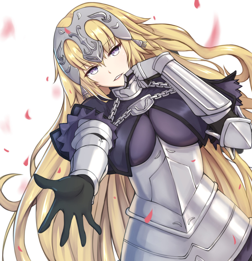 1girl armor black_gloves blonde_hair blue_eyes breasts breasts_apart chains dylannn eyebrows_visible_through_hair fate/apocrypha fate_(series) floating_hair gloves head_tilt headpiece highres jeanne_d'arc_(fate) jeanne_d'arc_(fate)_(all) large_breasts long_hair looking_at_viewer parted_lips petals shiny shiny_hair solo very_long_hair white_background