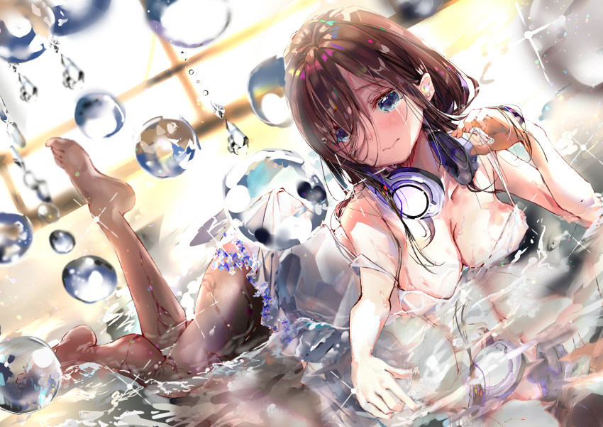 1girl absurdres bangs blue_eyes blush breasts brown_hair cleavage commentary_request crying crying_with_eyes_open dress feet go-toubun_no_hanayome hair_between_eyes hair_over_one_eye headphones headphones_around_neck highres large_breasts leg_up long_hair lying moshi_0208 nakano_miku no_shoes on_stomach pantyhose partially_submerged smile strap_slip tears water water_drop wavy_mouth wet wet_clothes white_dress
