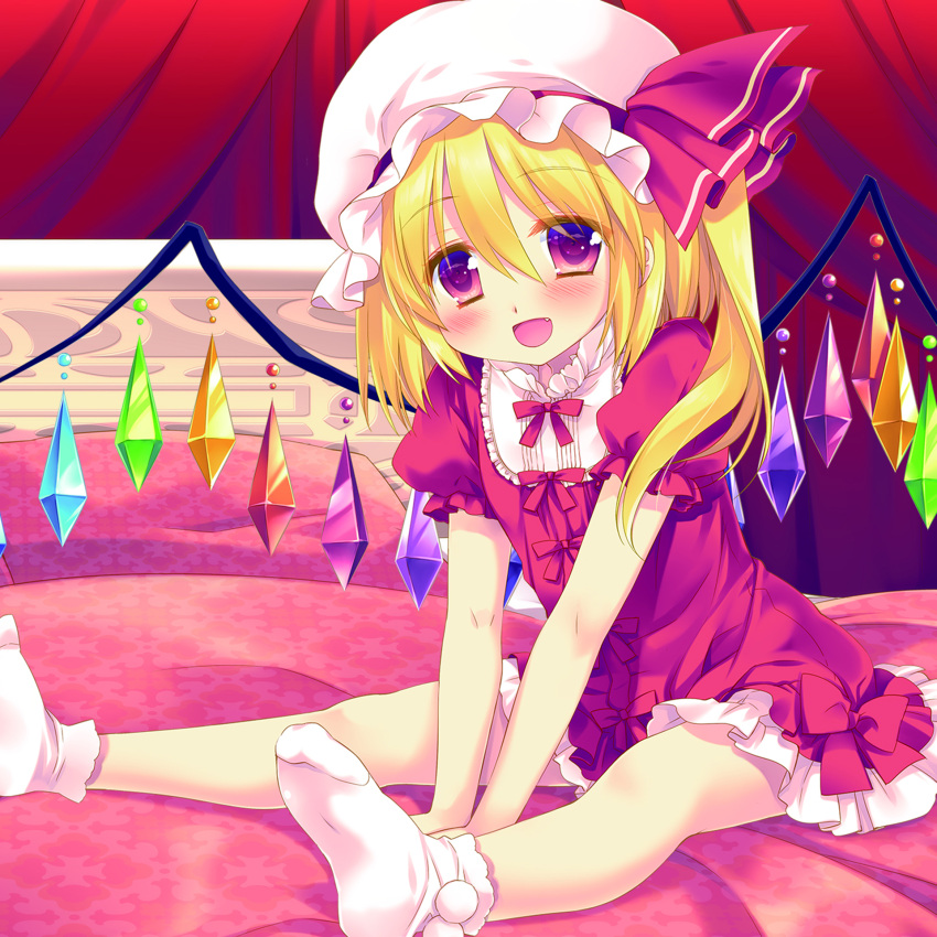 1girl :d alternate_costume bed between_legs blonde_hair blush bow crystal curtains dress fang flandre_scarlet frilled_dress frilled_sleeves frills hair_between_eyes hand_between_legs hat hat_ribbon highres indoors looking_at_viewer medium_hair miyasu_risa mob_cap on_bed one_side_up open_mouth pink_eyes pom_pom_(clothes) puffy_short_sleeves puffy_sleeves red_dress red_ribbon ribbon short_dress short_sleeves sitting smile socks solo touhou v_arms white_legwear wings