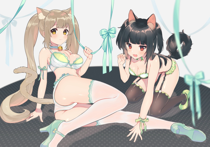 2girls :d all_fours animal_ears arm_ribbon ass bangs bare_shoulders bell bell_collar black_hair black_legwear blunt_bangs blush bow bra breasts cat_ears cat_girl cat_tail cleavage closed_mouth collar collarbone commentary_request cona_kinaco dog_ears dog_girl dog_tail eyebrows_visible_through_hair fang fingernails garter_belt garter_straps green_bra green_footwear green_ribbon high_heels highres jingle_bell kemonomimi_mode legs light_brown_hair long_hair looking_at_viewer lying medium_breasts multiple_girls on_side open_mouth original panties paw_pose red_eyes ribbon short_hair smile tail thigh-highs thighs underwear underwear_only very_long_hair white_legwear wrist_ribbon yellow_eyes