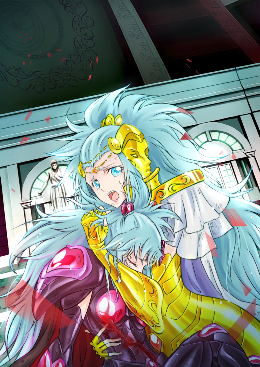 2girls :o absurdres armor blood blue_eyes blue_hair closed_eyes commentary_request crying crying_with_eyes_open fingerless_gloves gemini_integra gemini_paradox gloves gold_saint graphite_(medium) highres hug long_hair looking_at_viewer luode mask multiple_girls saint_seiya saint_seiya_omega siblings sisters tears traditional_media twins