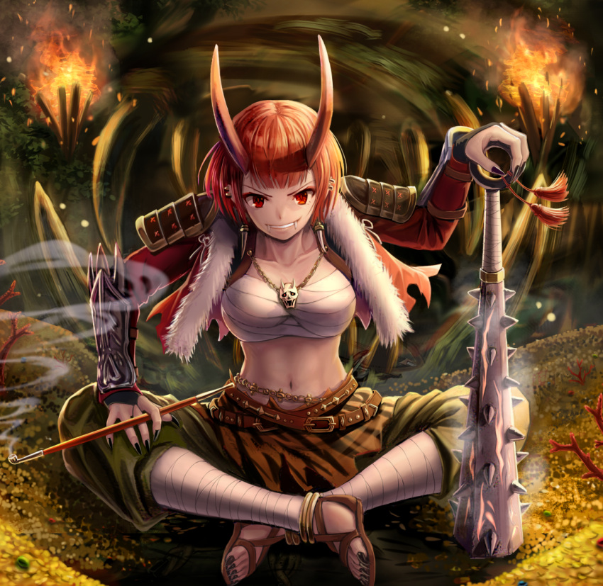 1girl anklet armor belt black_nails bracer club earrings fangs fire jewelry kanabou kiseru long_sleeves looking_at_viewer macha0331 nail_polish navel necklace oni original pipe red_eyes redhead sandals sarashi setsubun short_hair sitting skull smile smoke solo spiked_club toes torch weapon