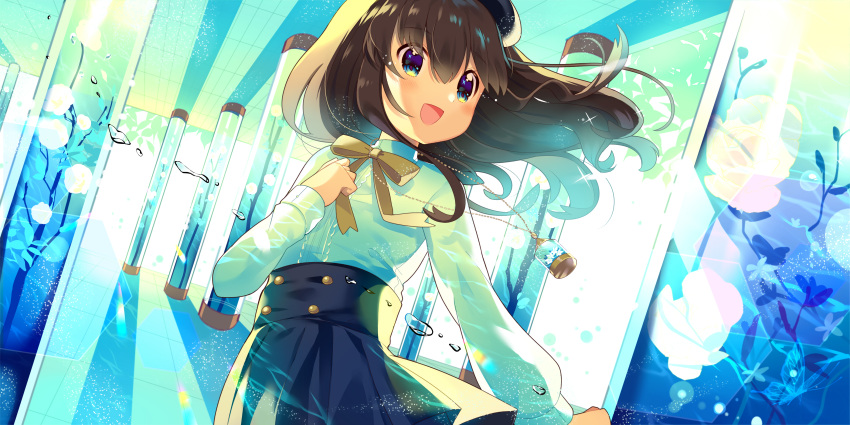1girl :d absurdres bangs beret black_hat blue_eyes blue_shirt blue_skirt blush bow brown_bow brown_hair commentary_request dutch_angle eyebrows_visible_through_hair floating_hair hair_between_eyes hand_up hat high-waist_skirt highres ikari_(aor3507) jewelry long_hair long_sleeves open_mouth original pendant shirt skirt smile solo transparent