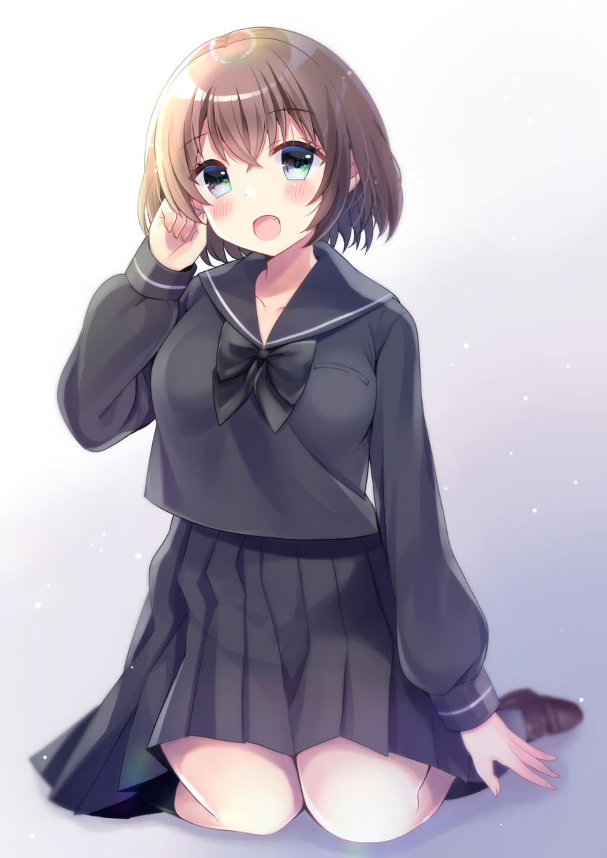 1girl :d bangs black_bow black_sailor_collar black_serafuku black_shirt black_skirt blue_eyes blurry blurry_background blush bow brown_footwear brown_hair collarbone commentary_request depth_of_field eyebrows_visible_through_hair fang fingernails full_body gradient gradient_background grey_background hair_between_eyes head_tilt highres loafers long_sleeves looking_at_viewer minami_saki moe2019 open_mouth original pleated_skirt revision sailor_collar school_uniform serafuku shirt shoes skirt sleeves_past_wrists smile solo white_background