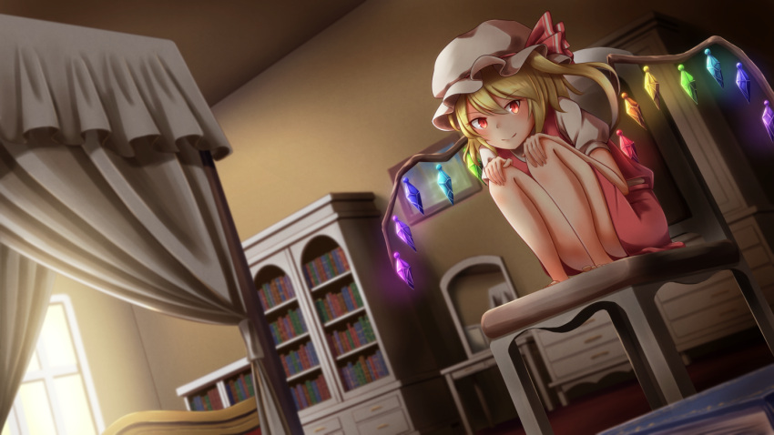 1girl bed bedroom blonde_hair blurry book bookshelf canopy_bed chest_of_drawers commentary_request convenient_leg crystal day depth_of_field dutch_angle fall_(5754478) flandre_scarlet from_below glowing glowing_eyes hands_on_own_knees hat hat_ribbon indoors knees_to_chest looking_at_viewer mirror mob_cap on_chair picture_frame puffy_short_sleeves puffy_sleeves red_eyes red_skirt red_vest ribbon shirt short_hair short_sleeves side_ponytail sitting skirt smile solo touhou vanity_table vest white_shirt window wings
