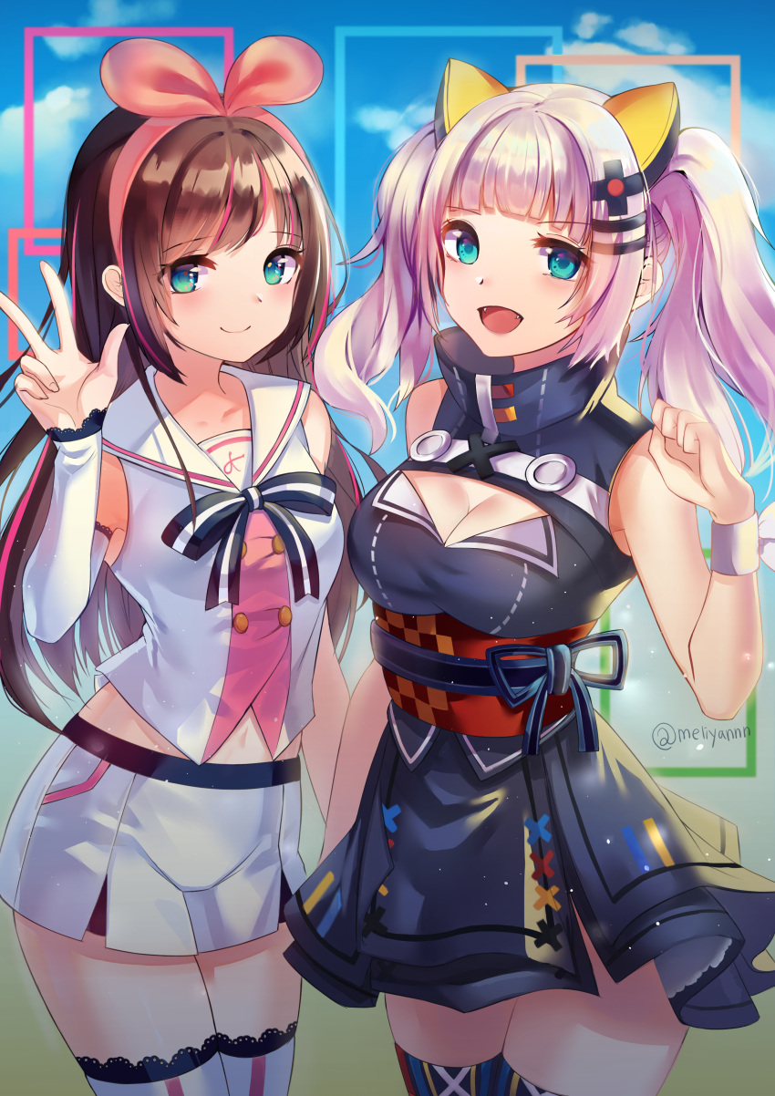 2girls a.i._channel absurdres bangs bare_shoulders black_dress blue_eyes blunt_bangs bow breasts brown_hair cleavage closed_mouth d-pad d-pad_hair_ornament detached_sleeves dress fangs hair_ornament hairband hairclip high_collar highres kaguya_luna kaguya_luna_(character) kizuna_ai lace lace-trimmed_legwear lace-trimmed_sleeves layered_dress medium_breasts meliyannn multicolored_hair multiple_girls navel obi open_mouth pink_bow pink_hair pink_hairband red_legwear ribbon sailor_collar sash shirt short_shorts shorts silver_hair sky sleeveless sleeveless_dress sleeveless_shirt smile streaked_hair swept_bangs thigh-highs twintails twitter_username virtual_youtuber w white_sailor_collar white_shorts wrist_ribbon x_hair_ornament zettai_ryouiki