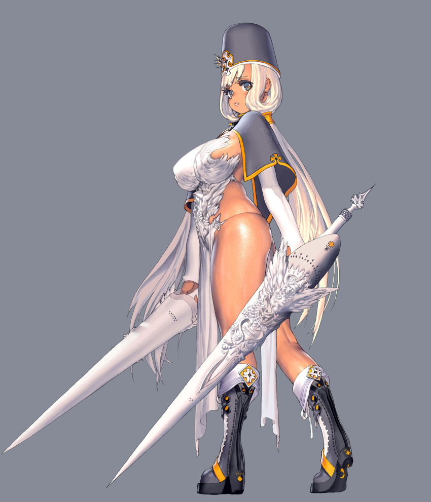 1girl boots breasts capelet curvy dark_skin destiny_child dual_wielding from_side full_body graphite_(medium) hat high_heel_boots high_heels highres holding holding_weapon kim_hyung_tae lance large_breasts long_hair looking_at_viewer looking_to_the_side low_twintails ma'at_(destiny_child) mitre official_art parted_lips pelvic_curtain plump polearm revealing_clothes silver_hair solo standing traditional_media twintails very_long_hair weapon