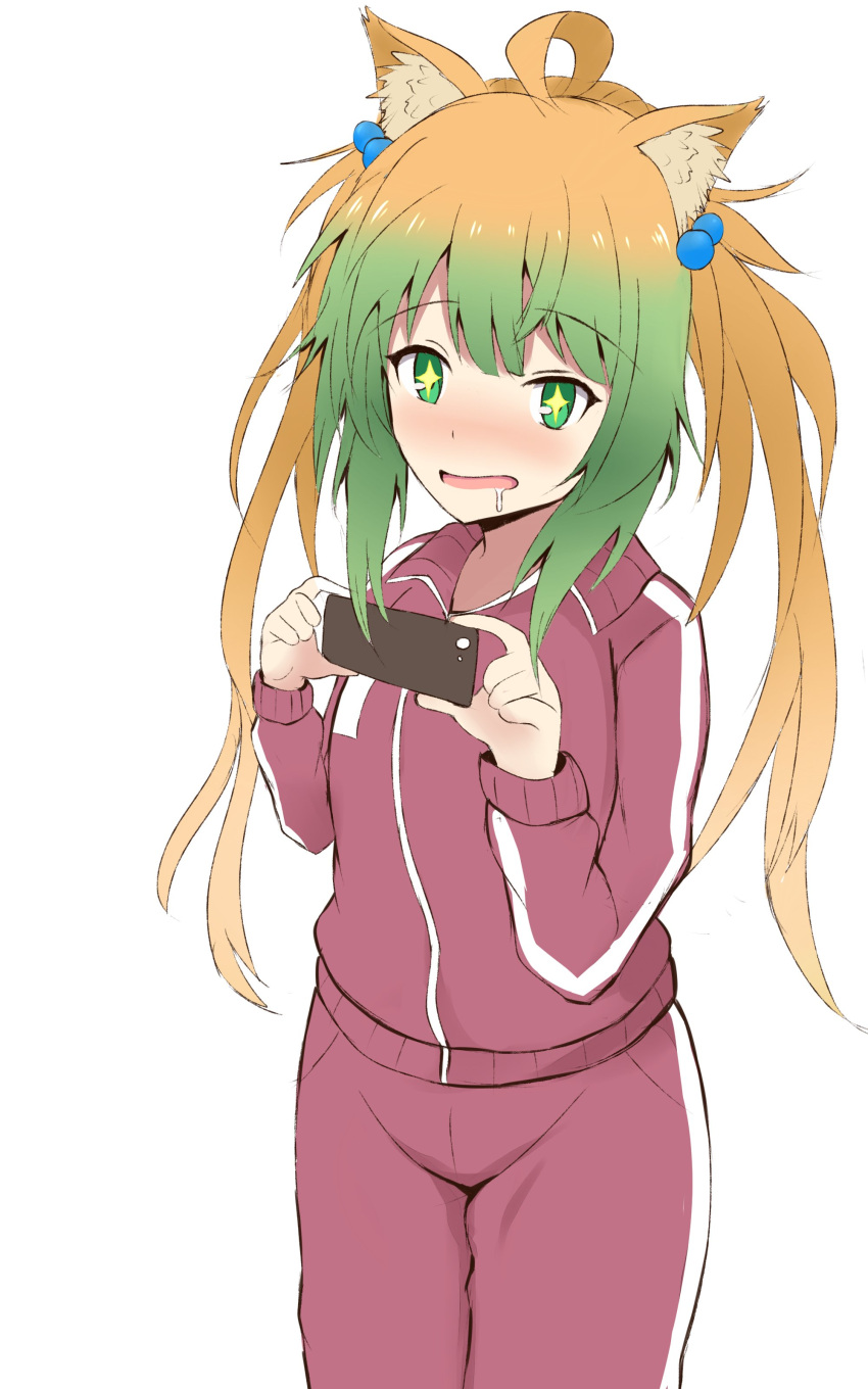 +_+ 1girl absurdres ahoge animal_ear_fluff animal_ears atalanta_(fate) bangs blonde_hair cat_ears cellphone commentary_request drooling eyebrows_visible_through_hair fate/apocrypha fate_(series) gradient_hair green_eyes green_hair hair_bobbles hair_ornament hands_up highres holding holding_cellphone holding_phone jacket long_hair long_sleeves mitchi multicolored_hair open_mouth pants phone red_jacket red_pants saliva simple_background solo track_jacket track_pants track_suit twintails_day very_long_hair white_background