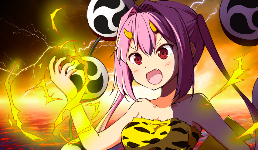 1girl :d bangs bare_arms bare_shoulders blush breasts chikanoko collarbone commentary_request eyebrows_visible_through_hair fang hair_between_eyes hair_intakes hand_up highres horns lightning long_hair medium_breasts open_mouth pink_hair ragho_no_erika red_eyes setsubun smile solo tsugou_makina twintails upper_body very_long_hair