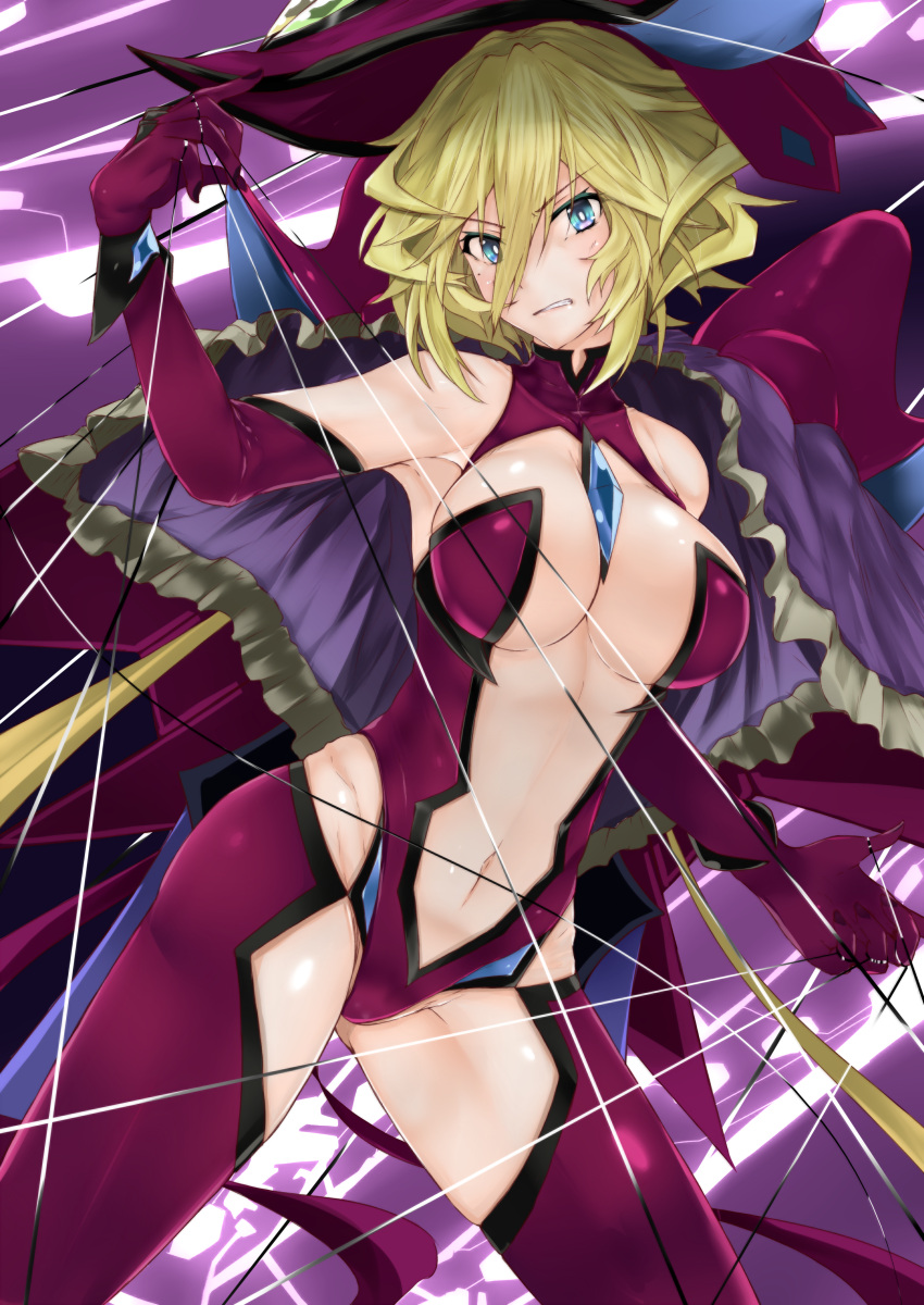1girl absurdres between_breasts blonde_hair blue_eyes blush breasts carol_malus_dienheim cleavage commentary_request elbow_gloves gloves hair_between_eyes hat highres large_breasts leotard long_hair looking_at_viewer mole mole_under_eye navel parted_lips purple_leotard revealing_clothes senki_zesshou_symphogear shiny shiny_hair shiny_skin shishin_(shishintei) short_hair solo teeth wire witch_hat