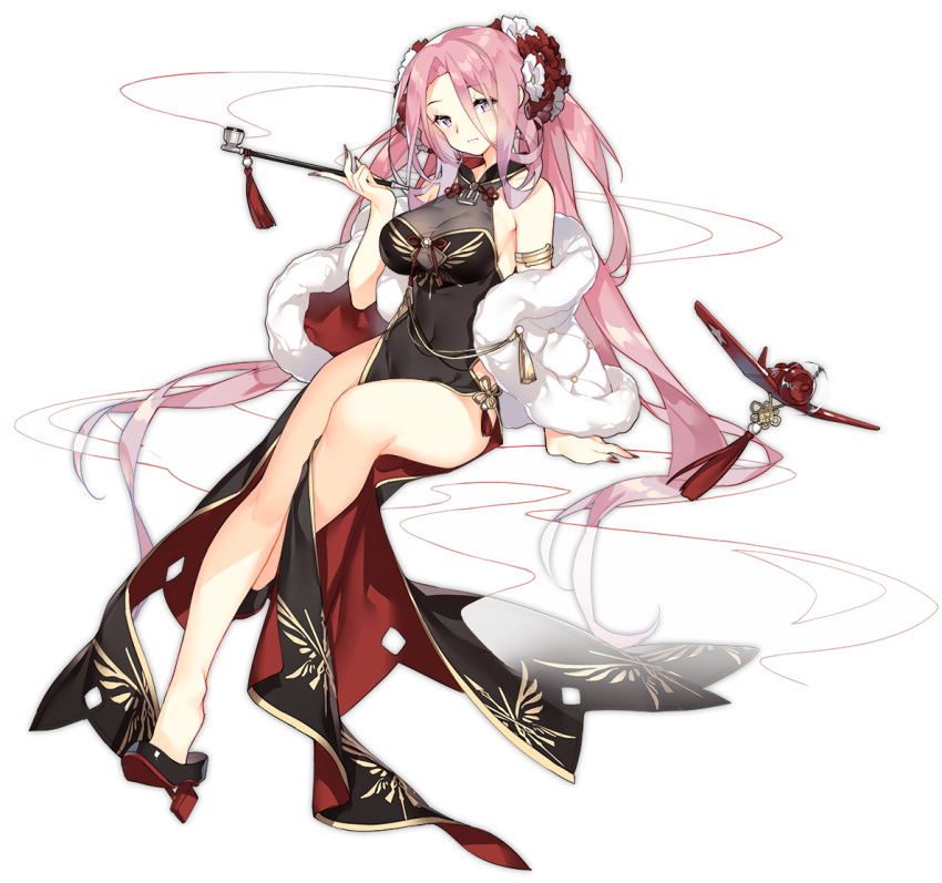 1girl adapted_costume arm_support azur_lane bare_shoulders breasts china_dress chinese_clothes cleavage cleavage_cutout dress gluteal_fold holding holding_pipe large_breasts lexington_(azur_lane) long_hair looking_at_viewer nail_polish official_art pink_hair pipe saru side_slit smile transparent_background violet_eyes