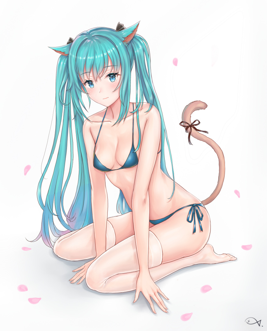 1girl absurdres animal_ears bikini black_ribbon blue_bikini blue_eyes blue_hair blush breasts cat_ears cat_tail cherry_blossoms cleavage collarbone eyebrows_visible_through_hair full_body gradient_hair groin hair_between_eyes hatsune_miku highres kneeling long_hair looking_at_viewer multicolored_hair pink_hair ribbon shiny shiny_hair side-tie_bikini small_breasts solo swimsuit tail tail_ribbon thigh-highs two-tone_hair very_long_hair vocaloid white_legwear yuyuyu_(pixiv19949705)