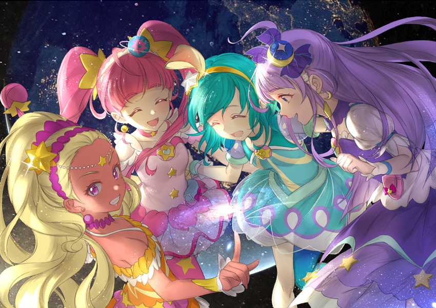 4girls :d ^_^ ahoge amamiya_erena bare_shoulders blonde_hair blue_choker blue_hair blue_skirt bubble_skirt choker clenched_teeth closed_eyes closed_eyes commentary_request crescent crescent_earrings cure_milky cure_selene cure_soleil cure_star dark_skin earrings eyebrows_visible_through_hair hagoromo_lala hair_ornament hairband hoshi_(xingspresent) hoshina_hikaru index_finger_raised jewelry kaguya_madoka long_hair looking_at_viewer magical_girl multiple_girls navel open_mouth pink_choker pink_eyes pink_hair pink_skirt precure purple_choker purple_hair short_hair skirt smile star star_hair_ornament star_twinkle_precure teeth thick_eyebrows twintails yellow_hairband