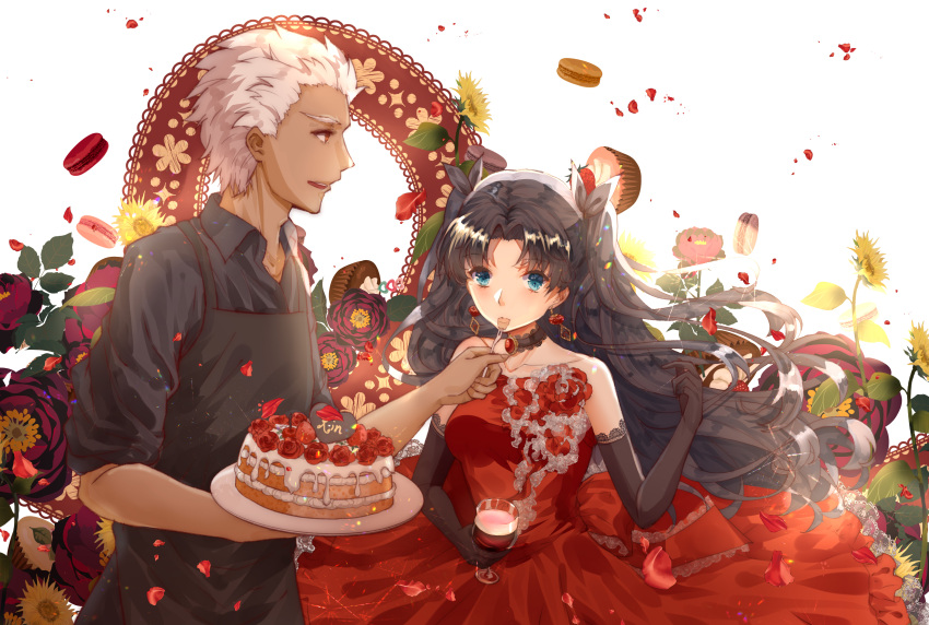 1boy 1girl absurdres apron archer arms_up bangs black_apron black_gloves black_hair black_shirt blue_eyes brooch cake choker collarbone corsage cup dress drinking_glass earrings elbow_gloves fate/stay_night fate_(series) feeding flower food fork from_side fruit gloves hair_ribbon highres holding holding_cup holding_fork holding_tray jewelry lace lace-trimmed_choker lace-trimmed_gloves lace_trim leaf long_hair looking_at_viewer macaron open_mouth parted_bangs petals profile red_dress red_flower red_rose ribbon rose rose_petals shirt simple_background sleeves_rolled_up strapless strapless_dress strawberry sunflower tan teatix thick_eyebrows tohsaka_rin tray twintails upper_teeth very_long_hair white_background white_hair wine_glass