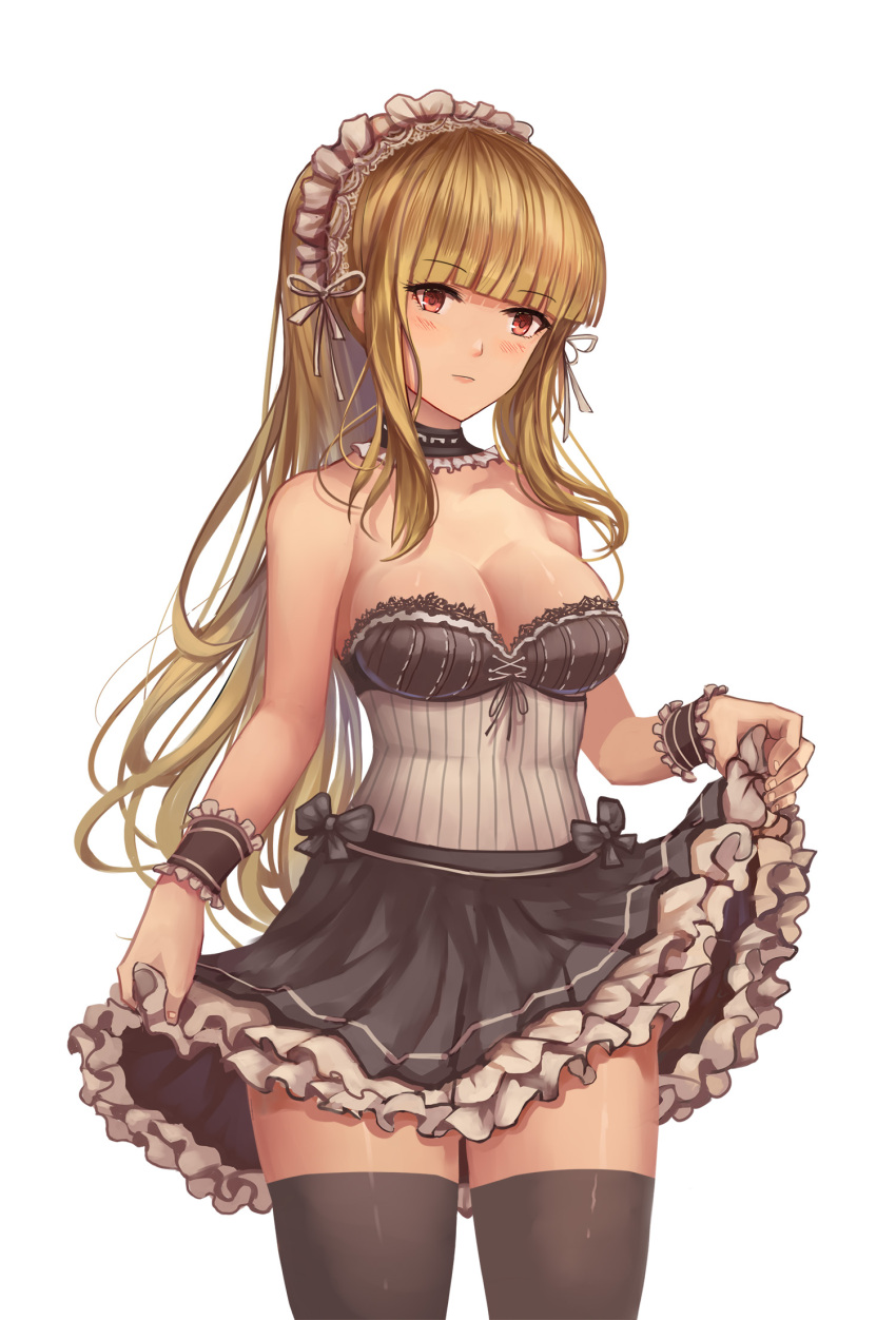 1girl bangs bare_arms bare_shoulders black_choker black_dress blonde_hair blunt_bangs blush breasts brown_dust brown_legwear choker cleavage closed_mouth commentary_request cowboy_shot dress frilled_choker frilled_cuffs frilled_dress frills head_tilt highres lace lace-trimmed_dress legs_apart long_hair looking_at_viewer maid maid_headdress medium_breasts red_eyes sidelocks simple_background skirt_hold solo standing striped thigh-highs white_background wrist_cuffs yougen_kitsune