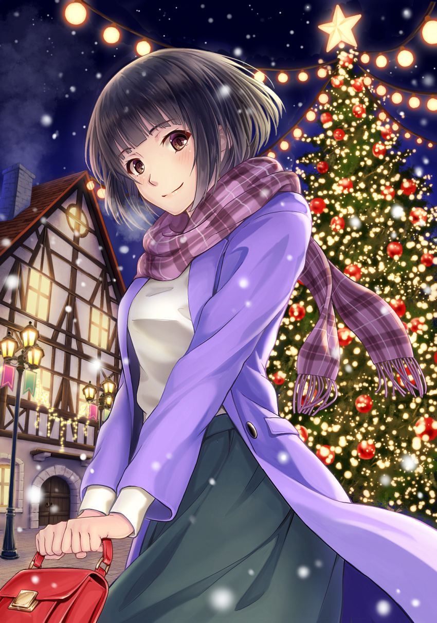 1girl bag black_hair blush brown_eyes building chimney christmas christmas_lights christmas_tree dark_sky grey_skirt handbag highres lamppost long_skirt looking_at_viewer macha0331 night night_sky original ornament plaid plaid_scarf purple_coat purple_scarf red_handbag scarf shirt short_hair skirt sky smile snowing solo standing white_shirt window