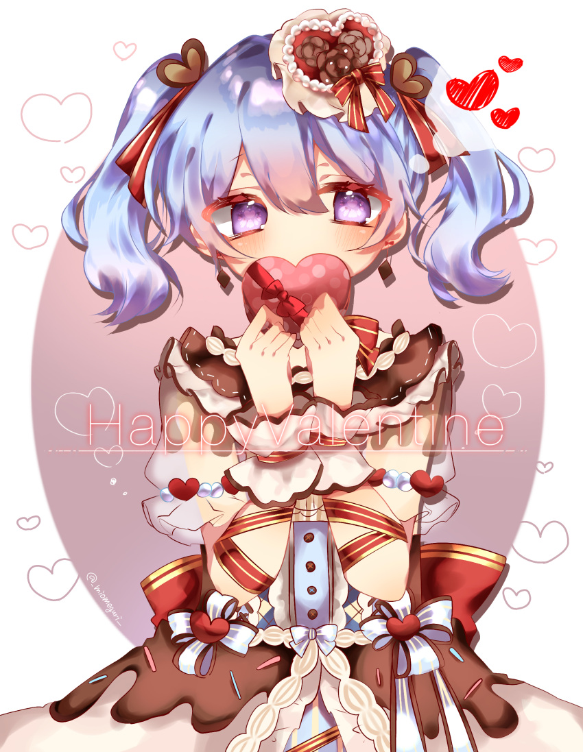 1girl absurdres alternate_hairstyle arm_ribbon bang_dream! bangs blue_bow blue_hair blush bow commentary_request covering_mouth dress earrings frilled_skirt frills gift hair_ornament hair_ribbon happy_valentine heart heart_hair_ornament highres holding holding_gift jewelry matsubara_kanon mio_meguri red_ribbon ribbon skirt solo striped striped_ribbon twintails twitter_username valentine violet_eyes wrist_cuffs