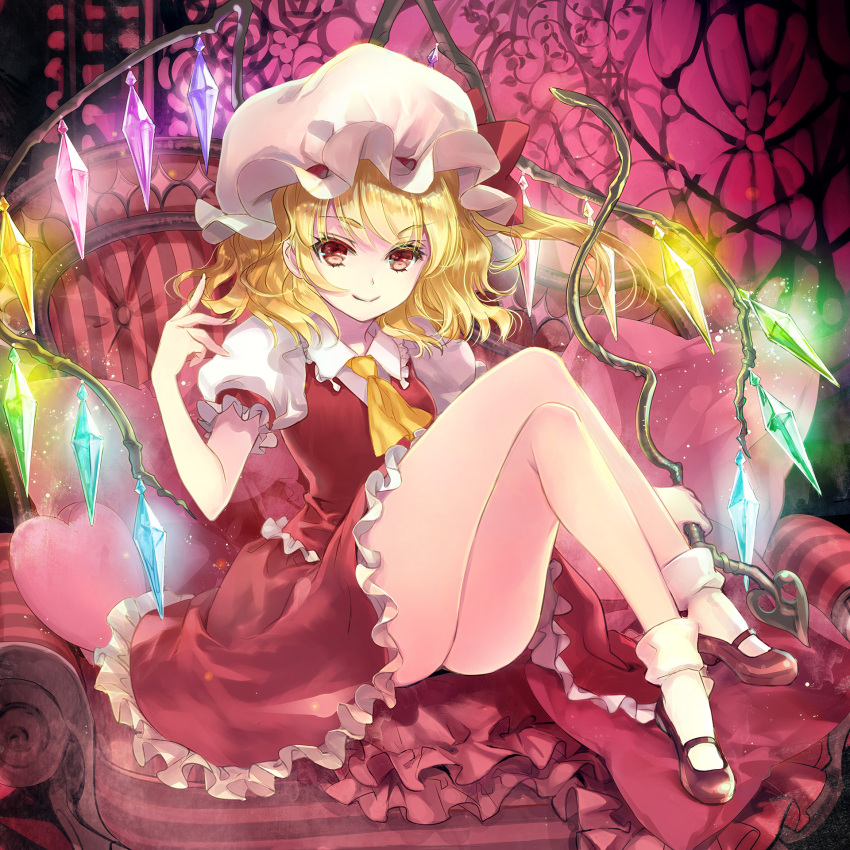1girl ascot blonde_hair bobby_socks closed_mouth couch crystal cushion flandre_scarlet frilled_skirt frilled_sleeves frills full_body glowing glowing_wings hair_twirling hand_up hat hat_ribbon heart highres holding indoors knees_up kuramoto_kaya laevatein legs legs_crossed light_particles looking_at_viewer mary_janes medium_hair mob_cap one_side_up puffy_short_sleeves puffy_sleeves red_eyes red_footwear red_ribbon red_skirt red_vest ribbon shirt shoes short_sleeves sitting skirt skirt_set smile socks solo touhou vest white_legwear white_shirt wings yellow_neckwear