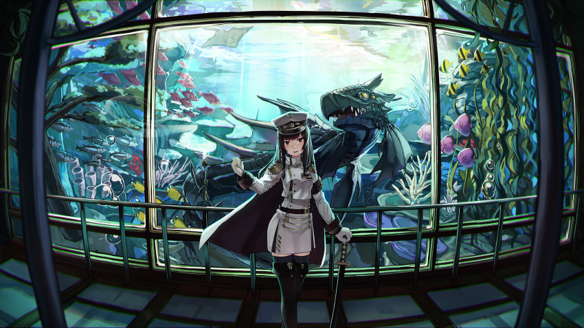 1girl air_bubble animal animal_request bangs black_cape black_footwear black_hair black_legwear boots braid breasts bubble cape commentary_request coral crossed_legs epaulettes fish fish_request fisheye gloves hand_on_hilt hand_up hat head_tilt highres indoors jacket katana legs_crossed long_hair long_sleeves looking_at_viewer military military_uniform multicolored multicolored_cape multicolored_clothes natori_youkai original parted_lips peaked_cap red_eyes revision sheath sheathed side_braid single_braid skirt small_breasts solo standing sword thigh-highs thigh_boots uniform water watson_cross weapon white_cape white_gloves white_hat white_jacket white_skirt