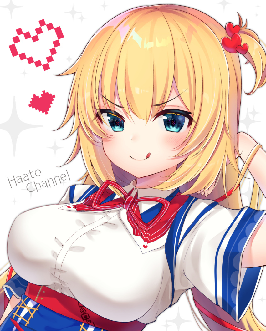 1girl :q akai_haato bangs blonde_hair blue_eyes blush breasts closed_mouth collared_shirt commentary_request copyright_name dutch_angle eyebrows_visible_through_hair gyozanuko hair_between_eyes hair_ornament hand_up heart heart_hair_ornament highres hololive long_hair medium_breasts neck_ribbon one_side_up pixel_art red_ribbon ribbon shirt short_sleeves sidelocks simple_background smile solo sparkle tongue tongue_out virtual_youtuber white_background white_shirt