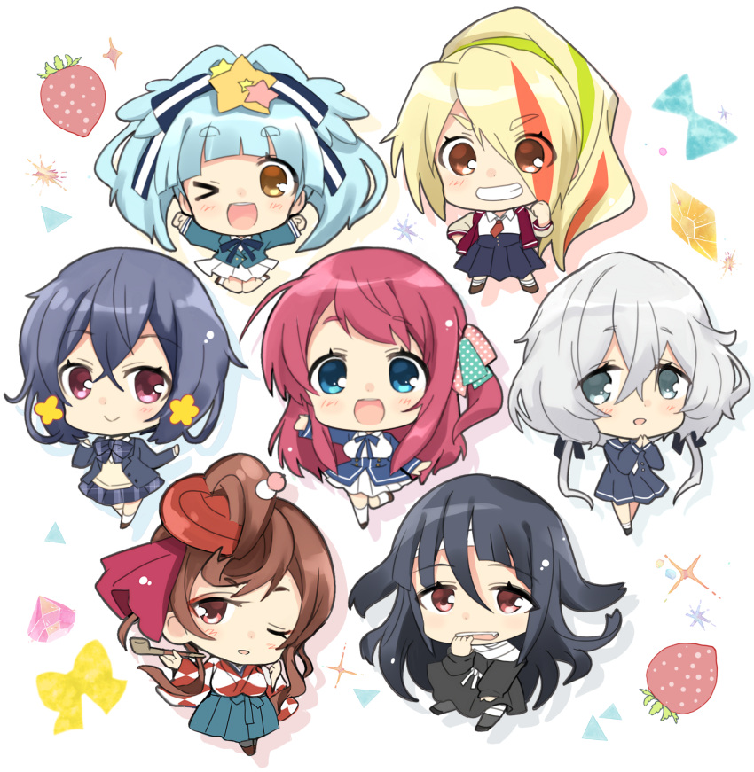 &gt;_o 6+girls :d ;d argyle argyle_kimono bandage bandaged_leg bandages bangs black_dress black_footwear black_hair black_jacket blazer blue_dress blue_eyes blue_hair blue_hakama blue_sailor_collar blush bow breasts brown_footwear brown_hair brown_sweater chibi closed_mouth commentary_request dress eyebrows_visible_through_hair eyes_visible_through_hair food fruit green_hair green_jacket grey_legwear grey_skirt grin hair_between_eyes hair_over_one_eye hakama high_ponytail highres hizuki_yayoi hoshikawa_lily jacket japanese_clothes kimono kneehighs konno_junko long_hair long_sleeves looking_at_viewer medium_breasts minamoto_sakura mizuno_ai multicolored_hair multiple_girls nikaidou_saki one_eye_closed one_side_up open_blazer open_clothes open_jacket open_mouth orange_hair pantyhose plaid plaid_skirt pleated_dress pleated_skirt polka_dot ponytail red_eyes red_jacket redhead sailor_collar skirt smile standing standing_on_one_leg strawberry streaked_hair striped striped_bow sweater track_jacket very_long_hair white_legwear white_neckwear white_skirt yamada_tae yuugiri_(zombie_land_saga) zombie_land_saga