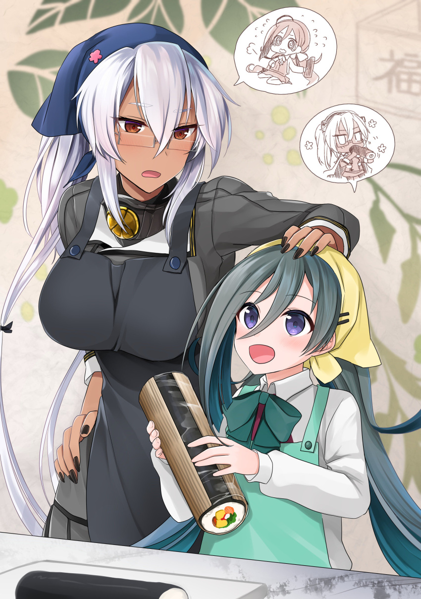 2girls absurdres ahoge bow bowtie breasts dark_skin glasses grey_eyes hair_between_eyes hair_over_one_eye hand_on hand_on_another's_head head_scarf headgear highres kantai_collection kiyoshimo_(kantai_collection) large_breasts long_hair multicolored_hair multiple_girls musashi_(kantai_collection) red_eyes remodel_(kantai_collection) semi-rimless_eyewear short_hair_with_long_locks speech_bubble tall twintails very_long_hair yunamaro
