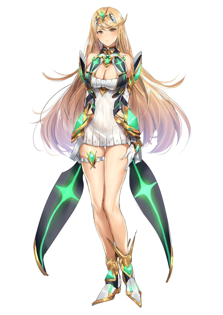 1girl armor arms_at_sides bangs bare_shoulders blonde_hair blush boots breasts cleavage dress earrings full_body gloves highres mythra_(xenoblade) hiyashi_yaki jewelry large_breasts long_hair looking_at_viewer neon_trim nintendo short_dress sidelocks simple_background skindentation smile solo standing swept_bangs thigh_strap tiara very_long_hair white_background white_dress xenoblade_(series) xenoblade_2 yellow_eyes