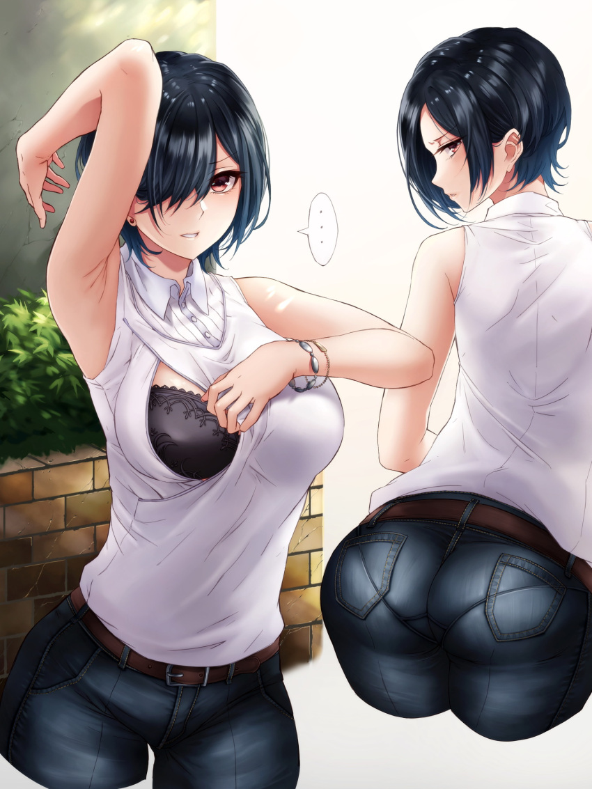 ... 1girl arched_back arm_up armpits ass bare_arms belt black_bra black_hair bra bracelet brick_wall brown_belt buttons commentary_request cropped_legs denim earrings flashing from_behind hair_over_one_eye highres hikari_(komitiookami) jeans jewelry looking_at_viewer looking_back multiple_views nursing_clothes nursing_sweater original pants pantylines parted_lips profile red_eyes revision short_hair sleeveless sleeveless_sweater spoken_ellipsis standing stud_earrings sweater underwear white_background white_sweater wing_collar