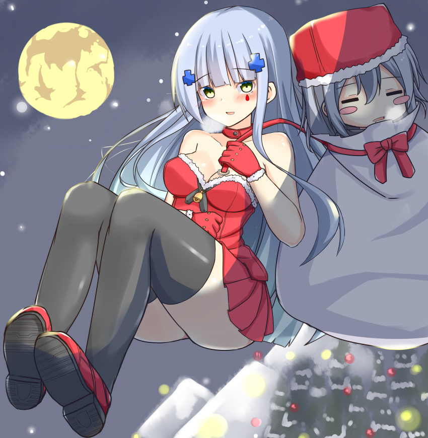 2girls absurdres blush christmas dress full_moon g11_(girls_frontline) girls_frontline gloves hat highres hk416_(girls_frontline) in_container in_sack moon multiple_girls raion_(inoueraion) sack santa_costume santa_hat silver_hair sleeping strapless strapless_dress thigh-highs