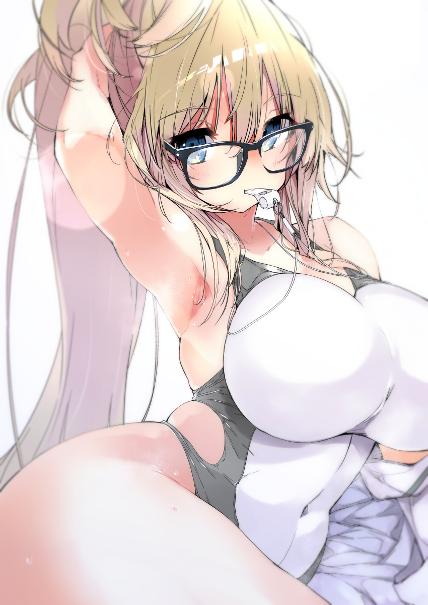 1girl absurdres alternate_hairstyle arm_behind_back arm_support arm_up armpits bangs bare_arms bare_shoulders bespectacled black-framed_eyewear blonde_hair blue_eyes blush breasts collarbone commentary_request competition_swimsuit eyebrows_visible_through_hair eyelashes fate/grand_order fate_(series) glasses groin hair_between_eyes hand_on_own_head highres jacket jeanne_d'arc_(fate)_(all) jeanne_d'arc_(swimsuit_archer) kobo_(cobo_0609) large_breasts long_hair looking_at_viewer lying mouth_hold multicolored multicolored_clothes multicolored_swimsuit off_shoulder on_side one-piece_swimsuit ponytail sidelocks simple_background skin_tight skindentation solo sweat swimsuit two-tone_swimsuit very_long_hair whistle whistle_around_neck white_background white_jacket white_swimsuit