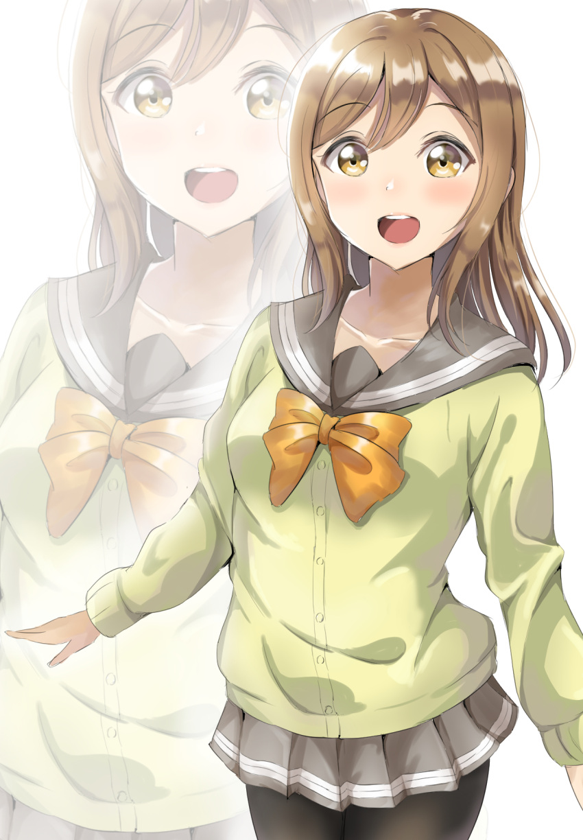 1girl :d bangs black_legwear blush bow breasts brown_eyes brown_hair collarbone commentary_request cowboy_shot eyebrows_visible_through_hair grey_sailor_collar grey_skirt highres kunikida_hanamaru long_sleeves looking_at_viewer love_live! love_live!_sunshine!! medium_breasts medium_hair miniskirt open_mouth orange_bow pantyhose pleated_skirt round_teeth sailor_collar school_uniform serafuku simple_background sin_(sin52y) skirt smile solo swept_bangs tareme teeth upper_teeth uranohoshi_school_uniform white_background yellow_cardigan zoom_layer