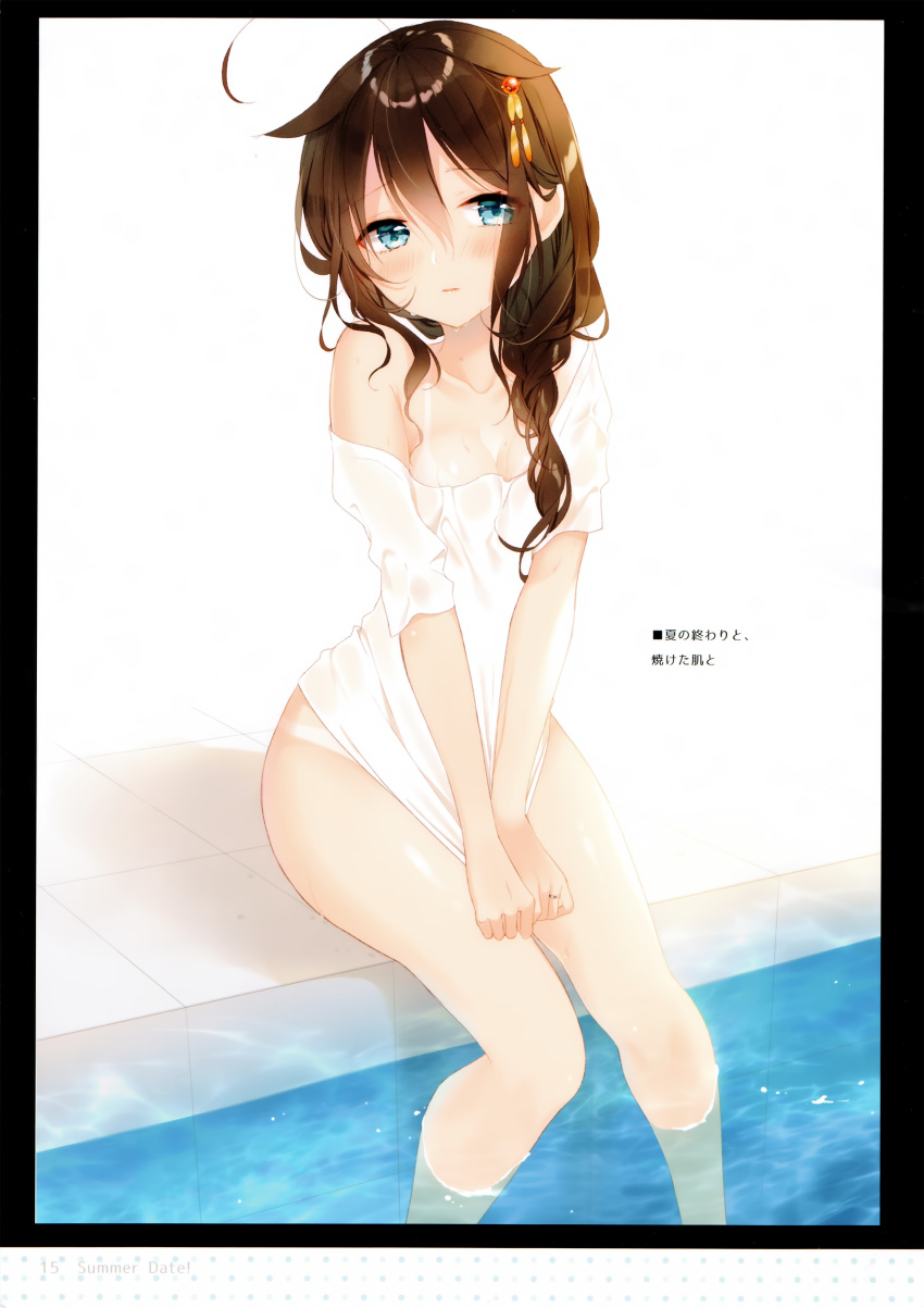 1girl absurdres bangs bare_shoulders blue_eyes blush braid breasts brown_hair closed_mouth eyebrows_visible_through_hair hair_ornament hair_over_shoulder highres holding jewelry kantai_collection lips long_hair medium_breasts naoto_(tulip) no_panties off_shoulder page_number pool poolside ring scan shigure_(kantai_collection) shiny shiny_hair shiny_skin shirt simple_background solo t-shirt tan tanline thighs water wet wet_clothes white_background