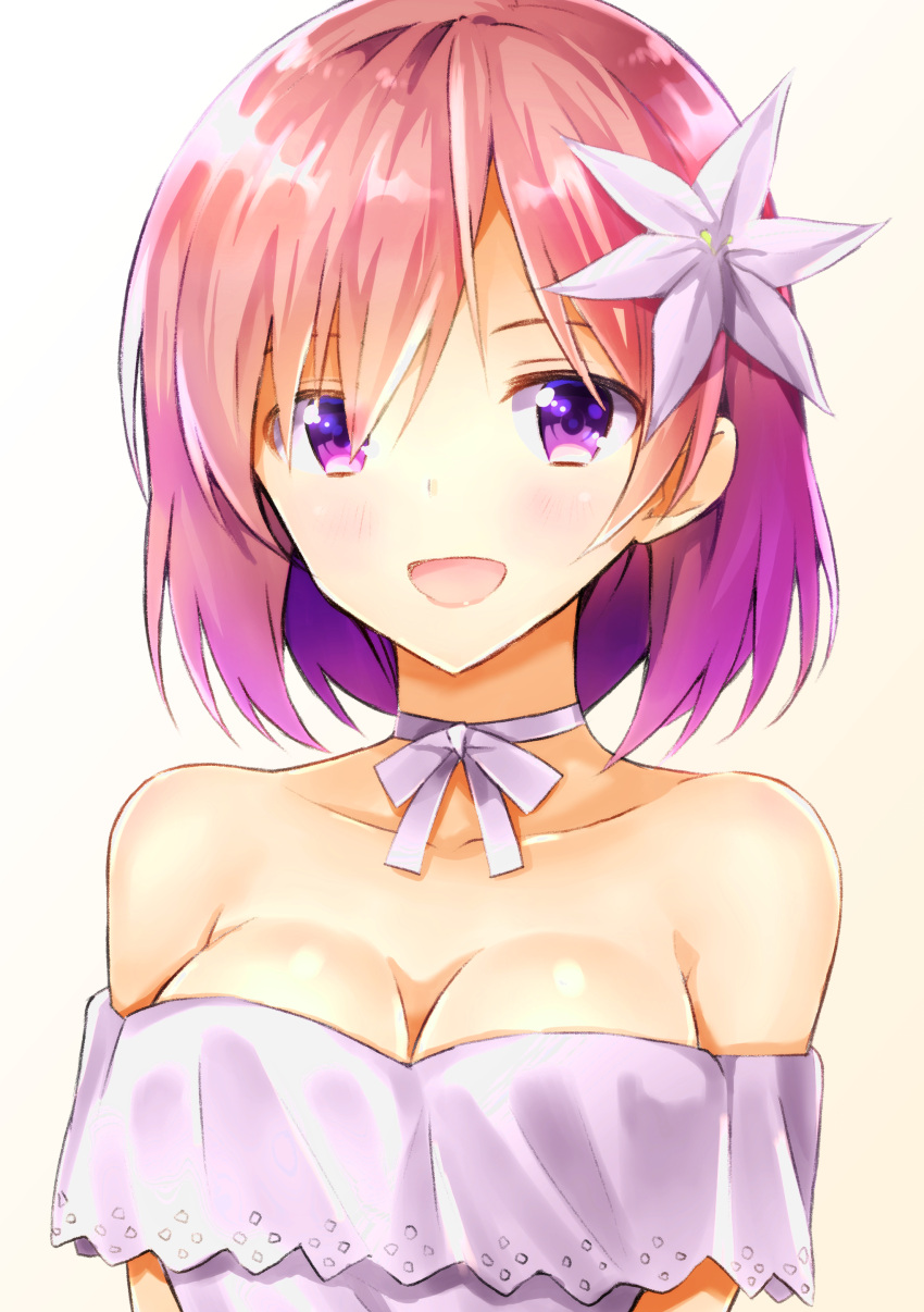 1girl :d absurdres arms_at_sides bangs bare_shoulders breasts brown_background cleavage collarbone commentary_request dress fate/grand_order fate_(series) flower gradient gradient_background hair_flower hair_ornament hair_over_one_eye highres large_breasts mash_kyrielight nanakusa_amane open_mouth pink_hair purple_flower smile solo strapless strapless_dress upper_body violet_eyes white_background white_dress