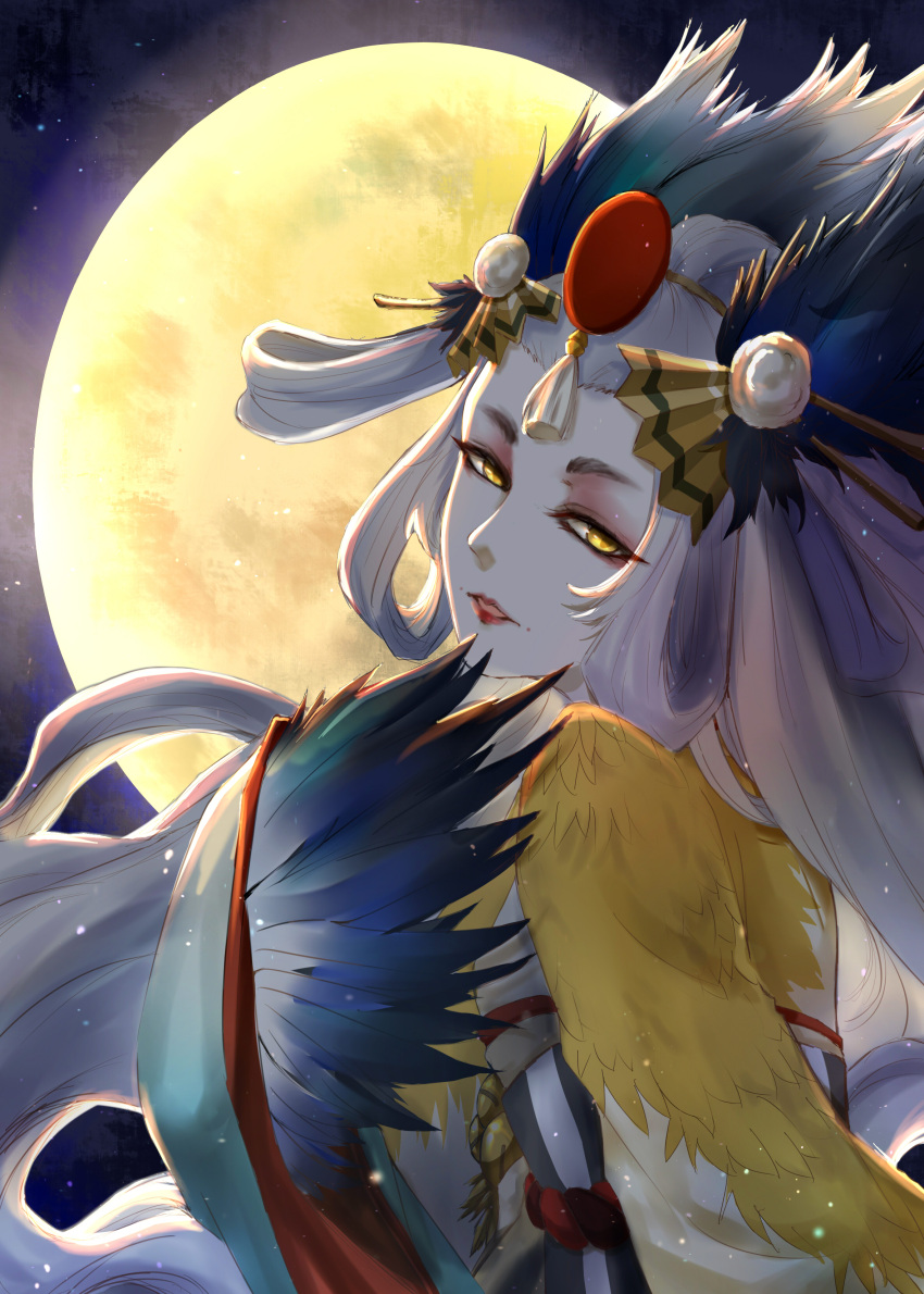 1girl absurdres dorain_(duyu) feathers hair_feathers hair_ornament hair_rings highres long_hair looking_at_viewer moonlight onmyoji open_mouth pale_skin solo standing very_long_hair white_hair