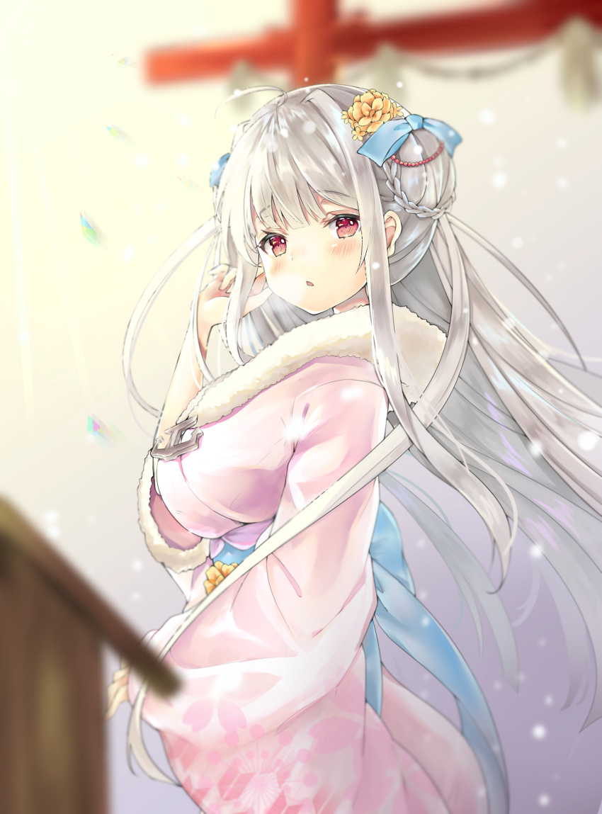 1girl absurdres anchor asa0504 azur_lane blurry blush braid breasts condensation cygnet_(azur_lane) depth_of_field flower french_braid fur-trimmed_kimono fur_trim hair_flower hair_ornament hair_ribbon highres japanese_clothes kimono long_hair red_eyes ribbon solo white_hair