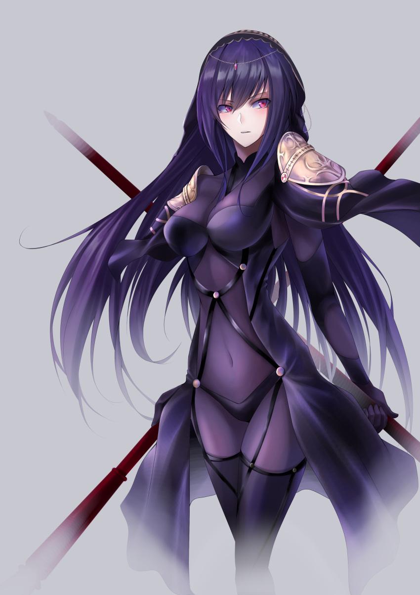 1girl absurdres bodysuit breasts covered_navel dual_wielding fate/grand_order fate_(series) gae_bolg grey_background hair_intakes highres holding holding_weapon large_breasts leotard long_hair looking_afar parted_lips pauldrons polearm purple_bodysuit purple_hair purple_leotard red_eyes scathach_(fate)_(all) scathach_(fate/grand_order) shoulder_armor spear takagi_mitsukuni veil weapon