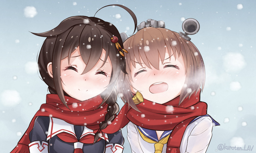 2girls black_hair black_serafuku blush braid brown_hair closed_eyes closed_mouth commentary_request hair_flaps hair_ornament hair_over_shoulder hair_ribbon hairclip headgear headset highres kantai_collection kuroten multiple_girls neckerchief open_mouth red_neckwear red_scarf remodel_(kantai_collection) ribbon sailor_collar scarf school_uniform serafuku shared_scarf shigure_(kantai_collection) short_hair smile snowing speaking_tube_headset yellow_neckwear yukikaze_(kantai_collection)