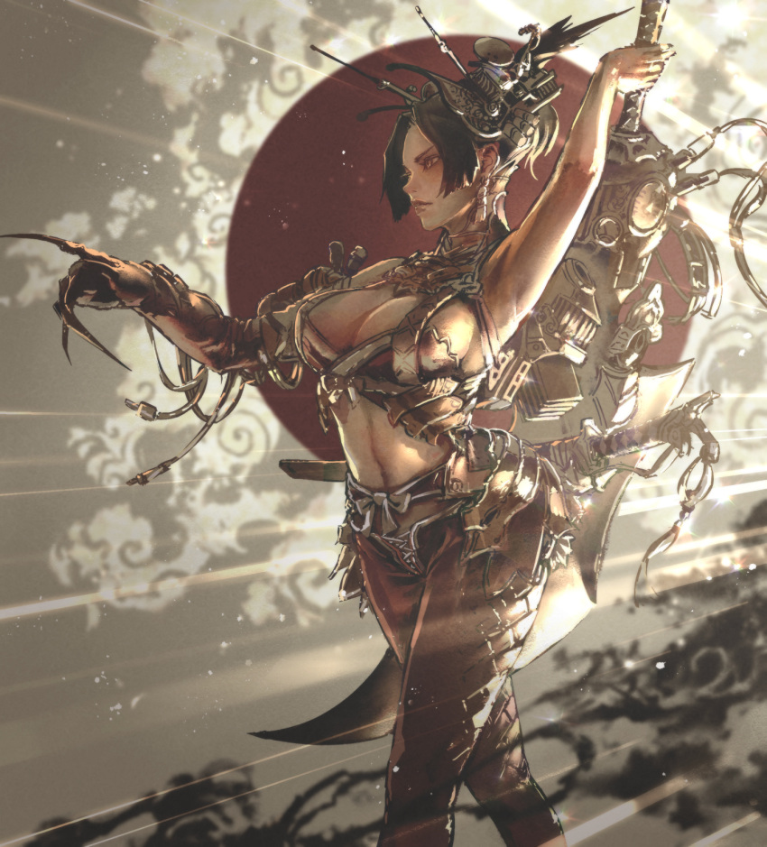 1girl armpits backlighting black_hair claws gloves hair_ornament halterneck highres kaburagi_yasutaka lips orange_eyes original pants parted_lips profile single_glove solo standing sword weapon