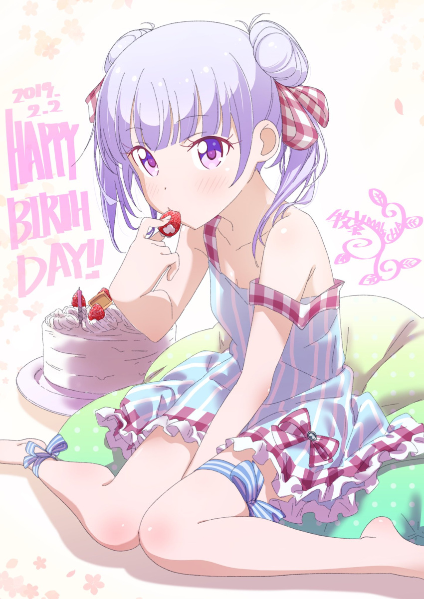 1girl 2019 ankle_ribbon barefoot between_legs blush breasts cake cleavage collarbone dated double_bun dress food fruit hair_ribbon hand_between_legs happy_birthday highres holding holding_food holding_fruit long_hair new_game! off_shoulder pink_x ribbon short_dress silver_hair sitting sleeveless sleeveless_dress small_breasts solo striped striped_ribbon suzukaze_aoba thigh_ribbon twintails vertical-striped_dress vertical_stripes violet_eyes