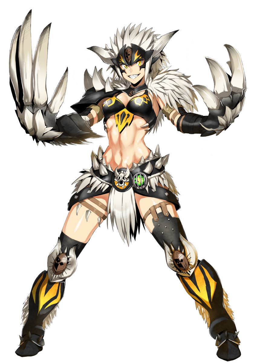 1girl absurdres belt_buckle black_legwear boots breasts buckle clawed_gauntlets claws commentary_request full_body gauntlets helmet highres horns loincloth looking_at_viewer medium_breasts midriff monster_hunter monster_hunter:_world navel nergigante_(armor) open_mouth pelvic_curtain purinnssu simple_background sleeveless smile solo spikes stomach teeth weapon white_background yellow_eyes