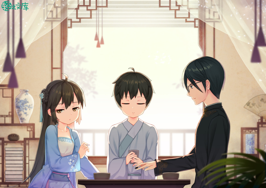 1girl 2boys absurdres ahoge black_hair blue_dress brown_hair closed_eyes dress facing_viewer fan flat_chest folding_fan glasses hair_between_eyes hair_bun highres indoors japanese_clothes long_hair long_sleeves looking_at_another looking_at_viewer multiple_boys original playing_games railing sidelocks sitting table taku_michi vase very_long_hair window