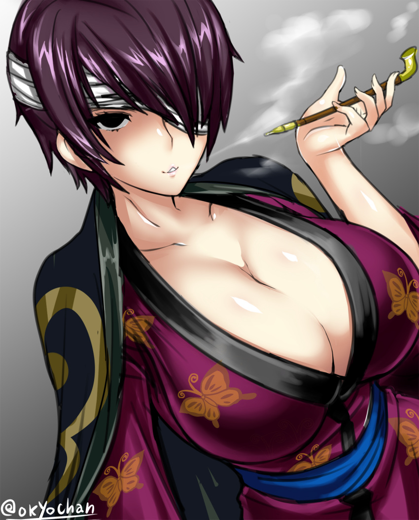 1girl black_eyes breasts cleavage collarbone cosplay eyepatch gintama highres japanese_clothes kimono kiseru large_breasts long_sleeves looking_at_viewer obi okyou parted_lips pipe purple_hair sash short_hair smoke solo takasugi_shinsuke takasugi_shinsuke_(cosplay) twitter_username upper_body wide_sleeves