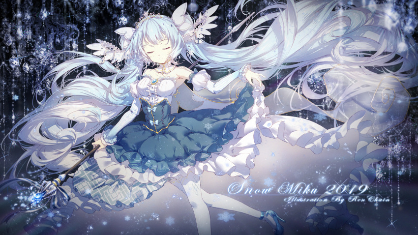1girl 2019 bare_shoulders beamed_eighth_notes blue_footwear blue_hair blue_skirt blush breasts character_name closed_eyes closed_mouth collar collarbone commentary_request crystal detached_collar detached_sleeves eighth_note facing_viewer hatsune_miku high_heels highres holding holding_staff juliet_sleeves lengchan_(fu626878068) long_hair long_sleeves medium_breasts musical_note puffy_sleeves shirt shoes skirt skirt_hold smile solo staff strapless striped_sleeves thigh-highs tiara twintails very_long_hair vocaloid white_collar white_legwear white_shirt white_sleeves yuki_miku