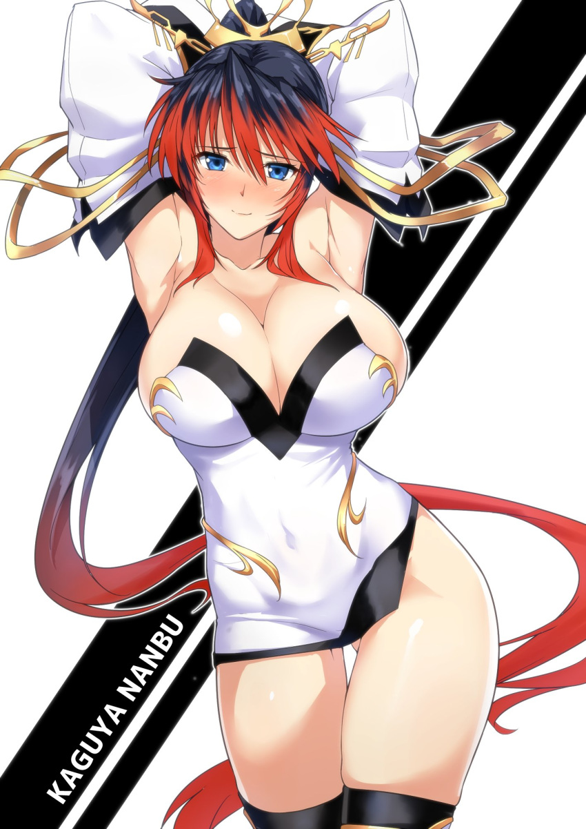 1girl armpits arms_behind_head arms_up bangs bare_shoulders black_hair blue_eyes blush breasts character_name cleavage collarbone covered_navel detached_sleeves dress eyebrows_visible_through_hair gluteal_fold hair_between_eyes hair_ornament highres large_breasts long_hair looking_at_viewer multicolored_hair nanbu_kaguya ponytail redhead sidelocks skindentation smile solo super_robot_wars super_robot_wars_og_saga_mugen_no_frontier thigh-highs thigh_gap two-tone_hair very_long_hair white_dress